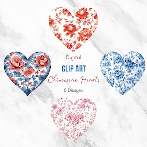 Chinoiserie Hearts Clipart | Floral Love Hearts | Digital Scrapbooking | Grandmillennial Valentine Clipart | Pink Chinoiserie