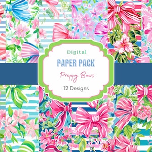 May include: A digital paper pack with 12 designs featuring preppy bows and floral patterns in pink, blue, and green on a white and blue striped background. The text "Digital Paper Pack Preppy Bows 12 Designs" is displayed on a green and white label.
