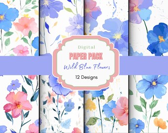 Wilde Blaue Blumen Digitales Papier | Hochzeit Clipart | Digitaler Download | Aquarell wilde Blumen Clipart | Blumenmuster | Junk Journal