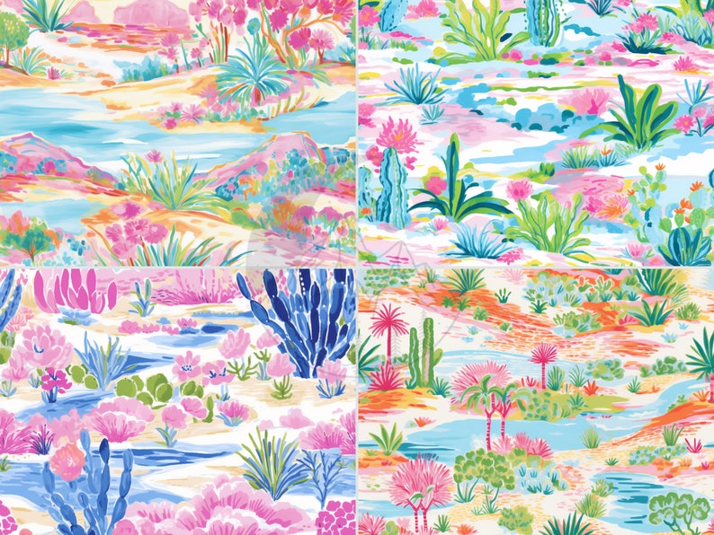 Puede incluir: Un patr&oacute;n abstracto colorido que presenta un paisaje des&eacute;rtico con cactus, palmeras y flores. El fondo es una acuarela de color azul claro y blanco.