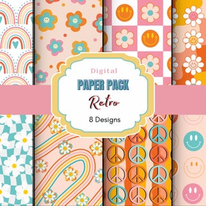 Retro Digital Paper | Scrapbook Paper | Groovy Digital Paper| Retro Background | Commercial Use | Boho Digital Paper | Retro Smiley Face