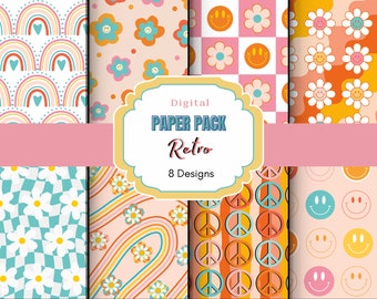 Carta digitale retrò / Carta per scrapbooking / Carta digitale groovy / Sfondo retrò / Uso commerciale / Carta digitale boho / Faccina sorridente retrò