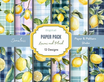Plaid Lemons Seamless Patterns: Scrapbooking Paper  (JPG, 300 DPI, 12x12 in)