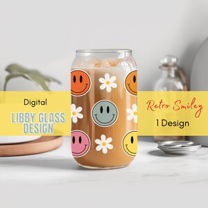 Retro Cara Sonriente Libbey Glass SVG / Patrón de Cara Feliz / 16Oz Cara Sonriente Libbey Puede Envolver Svg / Hippie Svg / Daisys Svg / Libbey Glass Svg
