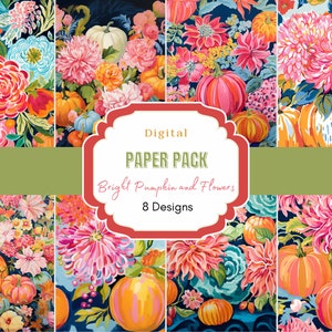 Bright Pumpkin and Flower Digital Paper | Commercial Use | Digital Download| pumpkin Patterns| Fall Thanksgiving Pattern| Fall Digital Paper
