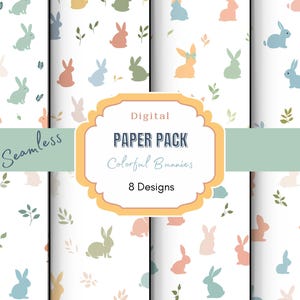 Papier numérique de lapins colorés, motifs de lapins printaniers pour travaux manuels, motifs de scrapbooking imprimables mignons pour Pâques
