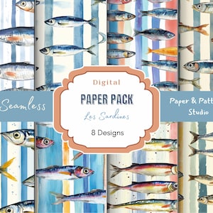 Op de afbeelding: Digitaal papierpakket met 8 ontwerpen met aquarel illustraties van sardines op gestreepte achtergronden. De titel van het pakket is "Les Sardines" en de tekst "Seamless" en "Paper & Pattern Studio" zijn ook inbegrepen.