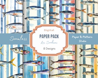 Sardines Seamless Pattern: Nautical Marine Life Art  (JPG, 300 DPI, 12x12 in)