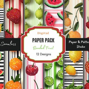 Perlen Früchte Digitales Papier, nahtlose Sommer Obst Muster, Kirschen Druck, Zitronen Muster, Wassermelonen Druck, Obst Scrapbook & Bastelpapier
