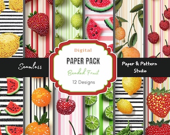 Beaded Fruit Digital Paper: Seamless Summer Patterns (JPG, 300 dpi)