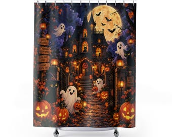 Halloween Shower Curtain, Cute Ghost & Pumpkin Bathroom Decor, Kids Halloween Decor, Haunted House Curtain, Spooky Fall Decor