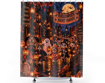 Halloween Shower Curtain, Kids Halloween Bathroom Decor, Cute Ghost Witch Vampire Parade, Spooky Family Fall Decor, Trick or Treat