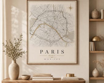 Paris Map Canvas Wall Art, Vintage French City Map, Gold Foil Accents, Paris Decor for Living Room, Travel Gift, Minimalist Paris Poster