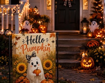 Halloween Garden Flag, Hello Pumpkin Ghost Flag, Cute Halloween Porch Decor, Outdoor Fall Yard Decor, Fast U.S. Shipping