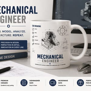 Può includere: Una tazza in ceramica bianca con un disegno tecnico CAD blu e nero di una parte meccanica. Il testo recita "MECHANICAL ENGINEER," "DESIGN. MODEL. ANALYZE. MANUFACTURE. REPEAT.," e "DESIGNED WITH PURPOSE, DRAWN WITH PRECISION. BUILT TO PERFORM."