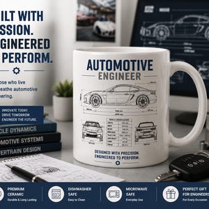 Könnte beinhalten: Ein weißer Keramikbecher mit einer blauen Grafik eines Automobilingenieur-Designs. Der Aufdruck zeigt eine Seiten-, Vorder- und Rückansicht eines Sportwagens mit technischen Spezifikationen, Maßen in mm und dem Text AUTOMOTIVE ENGINEER.