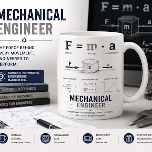 May include: A white ceramic mug featuring a black and blue print of Newton's second law of motion, F=m*a, along with a free body diagram, velocity-time graph, and the text Mechanical Engineer. The design includes physics equations and formulas.