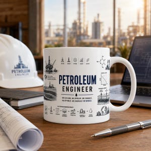 Könnte beinhalten: Ein weißer Keramikbecher mit dunkelblauem Text PETROLEUM ENGINEER. Das Design enthält schwarze Strichzeichnungen von Ölplattformen, chemischen Strukturen, Diagrammen und ein Prozessablaufdiagramm mit der Aufschrift THE PETROLEUM ENGINEERING PROCESS.