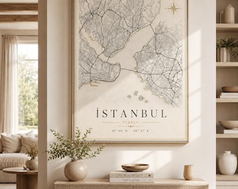 Istanbul Map Canvas Wall Art - Modern City Map Decor, Gold & Black Istanbul Print, Travel Gift for Him or Her, Minimalist City Poster