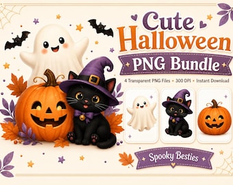 Cute Halloween PNG Bundle, Ghost Black Cat & Pumpkin Clipart, Spooky Besties, 4 Transparent PNG Files