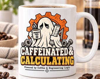 Caffeinated & Calculating Mug, Funny Engineer Coffee Mug, Mechanical Engineer Gift, Retro Ghost Halloween Mug, Engineer Gift