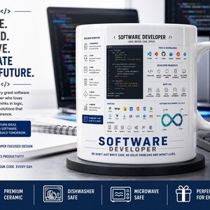 May include: A white ceramic mug featuring a detailed software developer infographic. The design includes a code snippet, developer workflow steps, various technology icons, and the text "SOFTWARE DEVELOPER" with the slogan "WE DON'T JUST WRITE CODE, WE SOLVE PROBLEMS AND IMPACT LIVES."