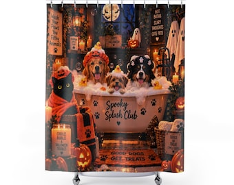 Halloween Shower Curtain, Cute Dogs & Black Cat Bathroom Decor, Kids Spooky Halloween Curtain, Pet Lover Fall Decor, Ghosts