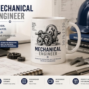 Puede incluir: Una taza de cerámica blanca con un gráfico en negro y gris de engranajes mecánicos. El texto dice "MECHANICAL ENGINEER", "DESIGN. ANALYZE. BUILD. DRIVE PROGRESS" y "GEARED FOR INNOVATION. BUILT ON PRECISION. DRIVEN BY ENGINEERING." con iconos pequeños.