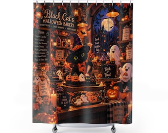 Halloween Shower Curtain, Black Cat Bakery, Cute Kids Halloween Bathroom Decor, Spooky Ghost Pumpkin Curtain, Family Fall Decor