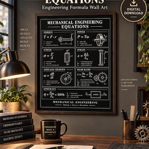 May include: A framed wall art print titled Mechanical Engineering Equations featuring white technical diagrams and formulas on a black background. The print displays equations for torque, power, stress, strain, angular velocity, gear ratio, and efficiency.