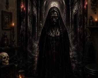 Halloween Shower Curtain, Possessed Nun Shower Curtain, Horror Bathroom Decor, Gothic Halloween Decor, Haunted House Curtain