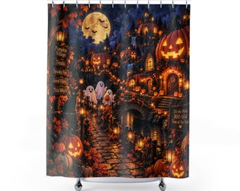 Halloween Shower Curtain, Pumpkin Village Bathroom Decor, Cute Ghost Curtain, Kids Spooky Halloween Decor, Fall Bathroom Decor