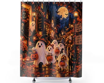 Halloween Shower Curtain, Cute Ghost Trick or Treat Decor, Kids Halloween Bathroom, Spooky Pumpkin Curtain, Family Halloween Decor
