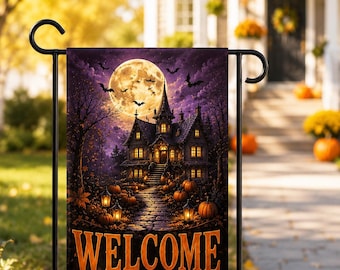 Haunted House Halloween Garden Flag, Welcome Outdoor Porch Decor, Spooky Cottage Yard Flag, Fast U.S. Shipping