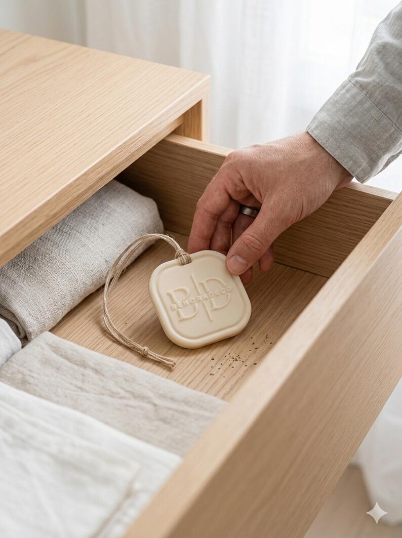 May include: A square, off-white scented sachet with the embossed text "MEMORADECO" is held above an open wooden drawer. The drawer contains folded linens in neutral tones. A natural twine loop is attached to the sachet.