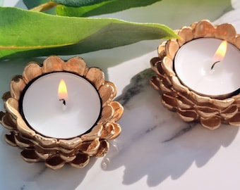 Set of 2 Gold Pinecone handmade Tealight Candle Holder: Nordic Decor, Christmas colleague gift, Scandi Home, Same day dispatch