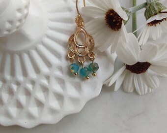 Gold dangling Chandelier earrings with blue green glass beads