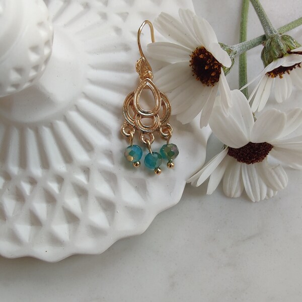 Gold dangling Chandelier earrings with blue green glass beads