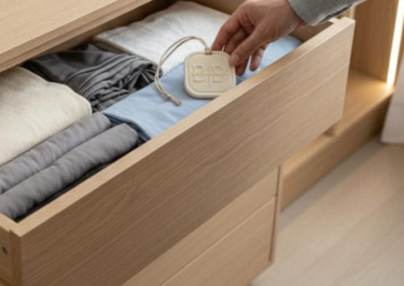 May include: A wooden drawer filled with neatly folded linens in shades of white, gray, and blue. A hand holds a cream-colored, rectangular tag with a string, likely a scented sachet or drawer freshener, adding a touch of fragrance to the storage space.