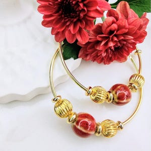 Gold Hoop Earrings: Red Ceramic Charm, Boho Beaded Jewelry