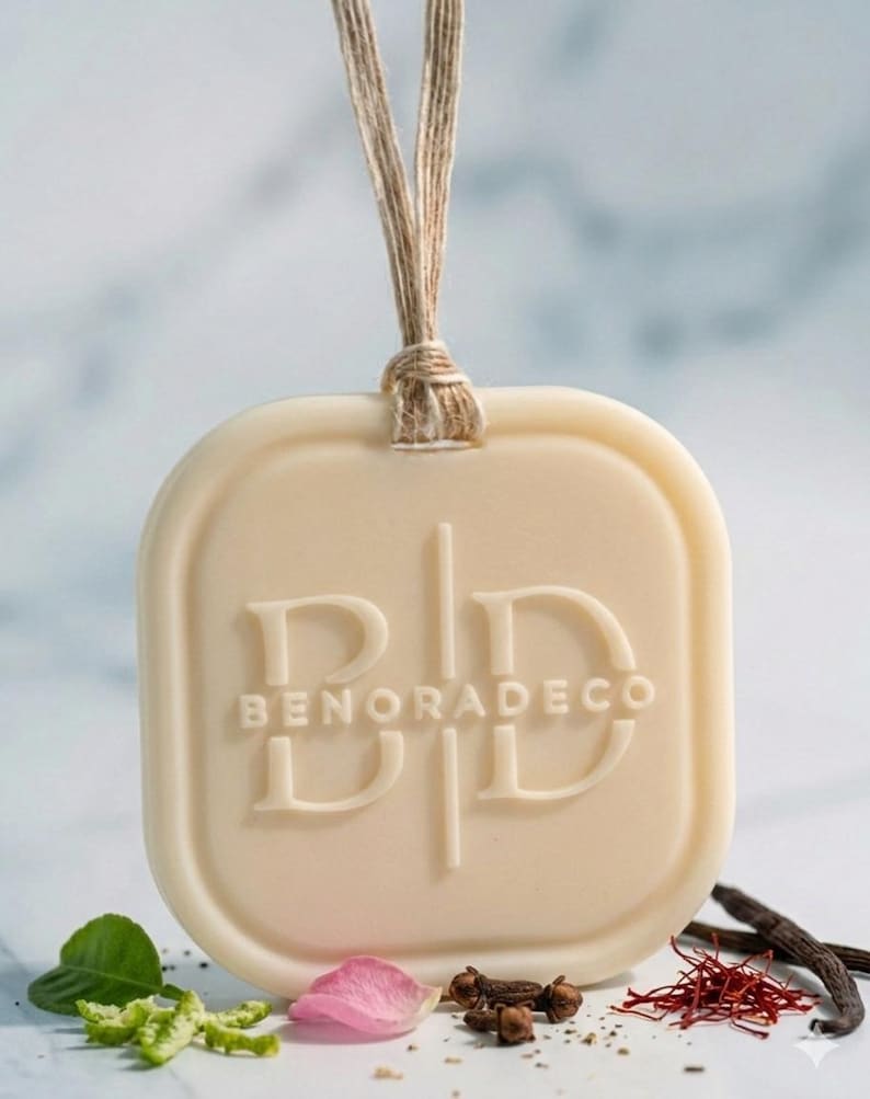 May include: Cream-colored, rectangular air freshener with rounded corners, embossed with the brand name "BENORADECO". A natural twine loop is attached. The image includes rose petals, spices, and herbs, suggesting a natural fragrance.