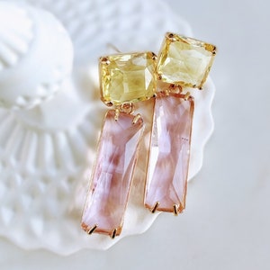 Vibrant yellow and pink Crystal embellished colourful dangle earrings, gold stud fastening, evening, party, summer accessory, wedding, gift