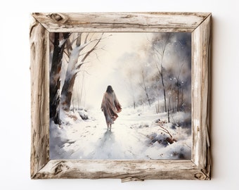Watercolor Illustration of Jesus Christ Walking in Snow, Christian Art, Jesus Christ, Jesus Watercolor Art, Digital Download