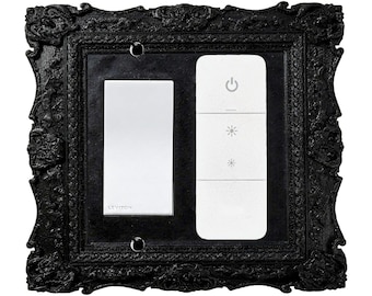 Victorian Light Switch Cover, Ornate Black Baroque Switch Plate with Remote Holder, Fits Philips Hue Dimmer Switch