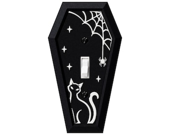 Black Cat Light Switch Cover, Coffin Shaped Gothic Halloween Switch Plate with Spider