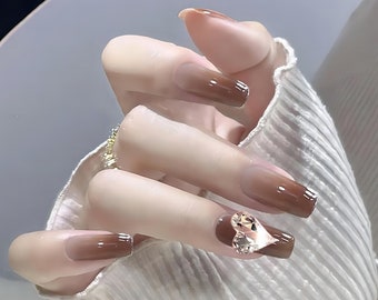 Cocoa Heart False Nails | 24 Pcs Press on Fake Nails | Nails for Mom | Brown Diamond Heart Press on False Nails | Gift for Girlfriend