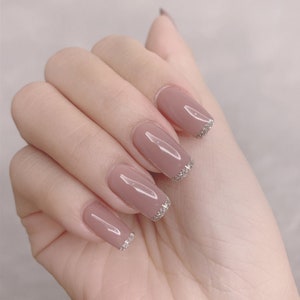 Pink Silver French False Nails | Press on Nails 24 Pics | Detachable Long Coffin Fake Nails | Fenyin French Style Full False Nails