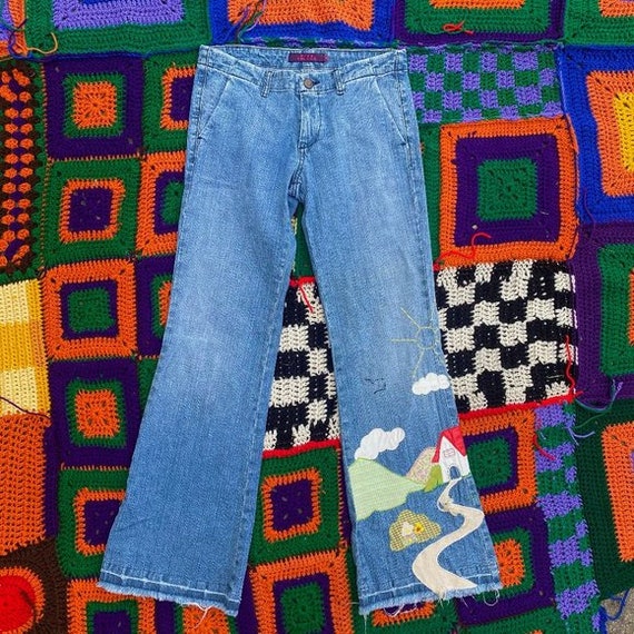 Vintage Y2K Low Waisted Jeans, Patchwork Jeans, Qu