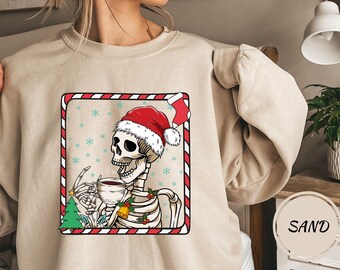 Dead Inside Skeleton Christmas Sweatshirt, Sarcastic Christmas Coffee Shirt Merry Christmas Shirt Coffee Lover Christmas Gift Fall Sweater