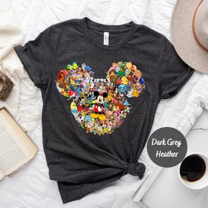 May include: Dark grey heather t-shirt with a Mickey Mouse head design made up of various Disney characters. The design includes Mickey Mouse, Minnie Mouse, Donald Duck, Goofy, Pluto, and many more.